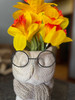 Bespectacled Owl Cement Vase 8.25" Gold Accents Knit Scarf Real Wire Glasses Image of main defect