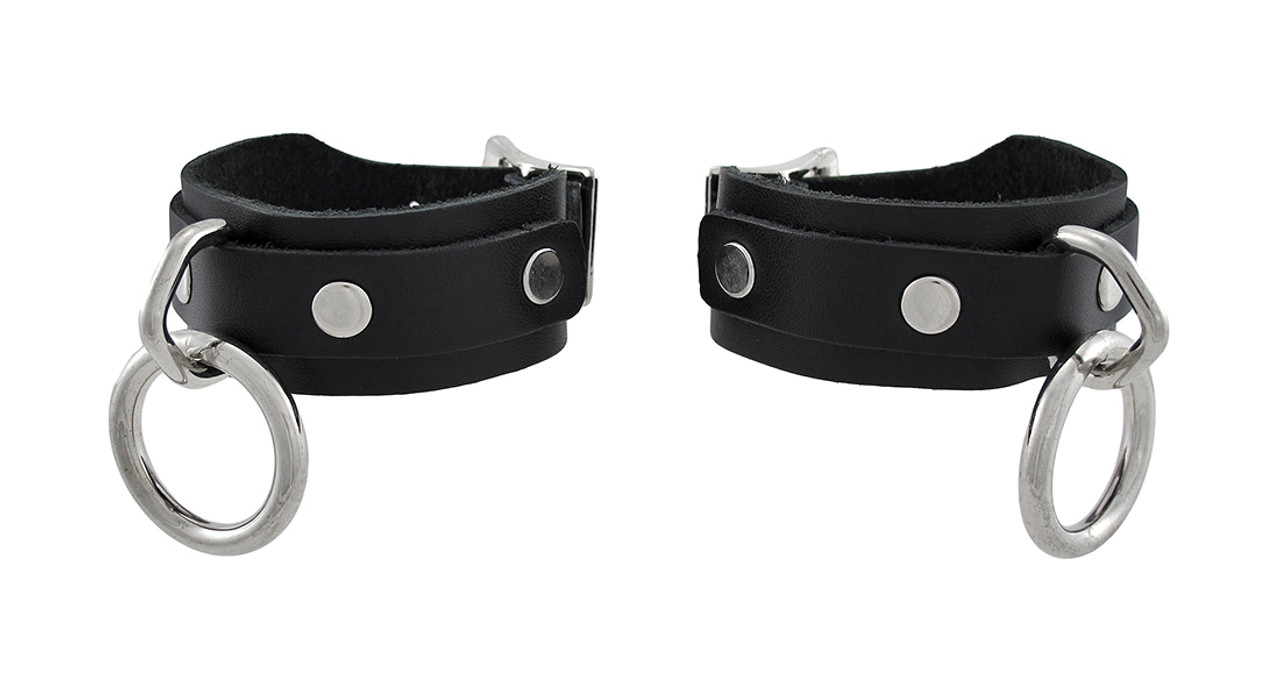 Pair of Black Leather Wrist Restraints Chrome O Rings and Buckles - Zeckos