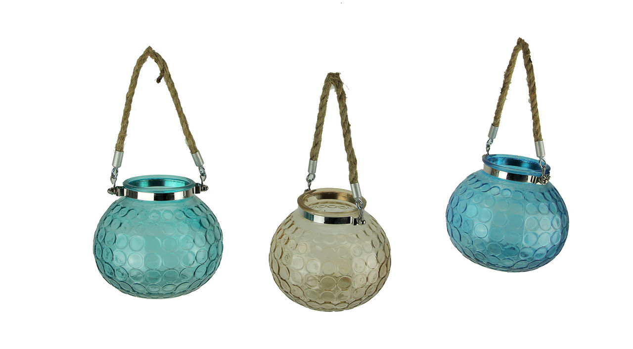 Glass Globe 5 Inch Tealight Candle Lanterns With Rope Handles Set Of 3