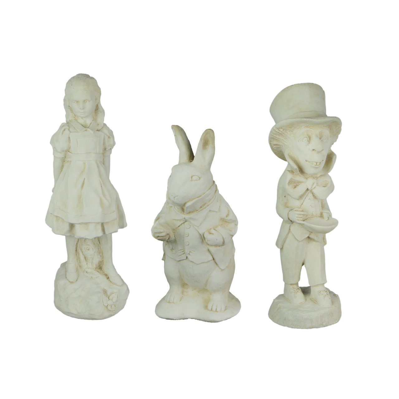 3 Piece Alice in Wonderland, White Rabbit & Mad Hatter Antiqued White Solid  Cement Statue Set