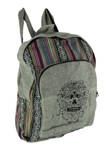 Sugar Skull Grey Cotton Canvas Striped Tapestry Fully Lined Backpack Main image