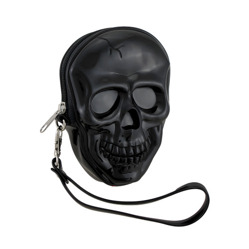 Glossy Black Molded Skull Shaped Wristlet Purse w/Removable Strap Main image