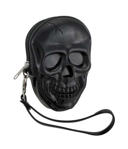 Glossy Black Molded Skull Shaped Wristlet Purse w/Removable Strap Main image