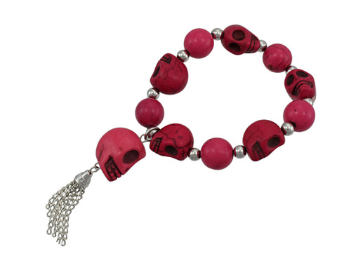 Fuchsia 3D Skull Bead Stretch Bracelet Chrome Accents Main image