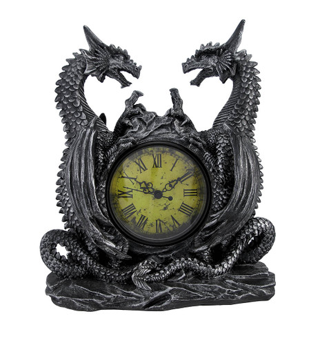 Twin Evil Dragons Antiqued Mantel Clock Table Desk Main image