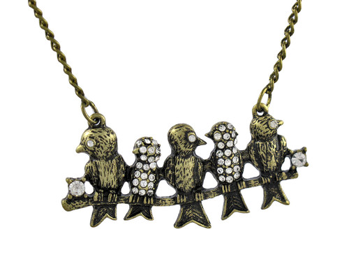 Antiqued Brass Finish Rhinestone Accented Birds on a Wire Necklace 20 Inch Main image