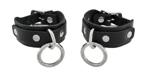 Pair of Black Leather Wrist Restraints Chrome O Rings and Buckles Main image