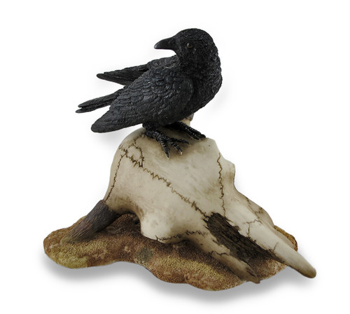 Black Crow Perched on Longhorn Skull Sculptural Figurine Main image