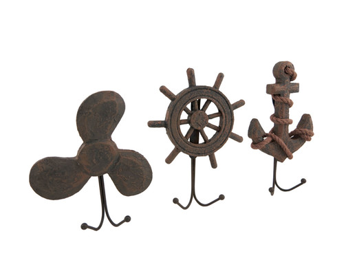 Set of 3 Weathered Finish Anchor Prop and Wheel Nautical Wall Hooks Main image