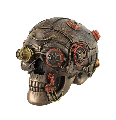 Bronze Finish Leather Look Gearhead Steampunk Skull Trinket/Stash Box Main image