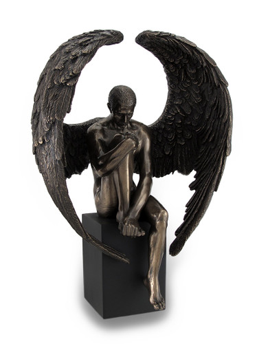 Bronze Finished Pensive Male Angel Statue On Black Base Main image