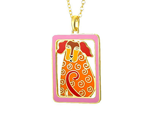 Laurel Burch Dog Tales Orange Cloisonne Pendant w/ Necklace Main image