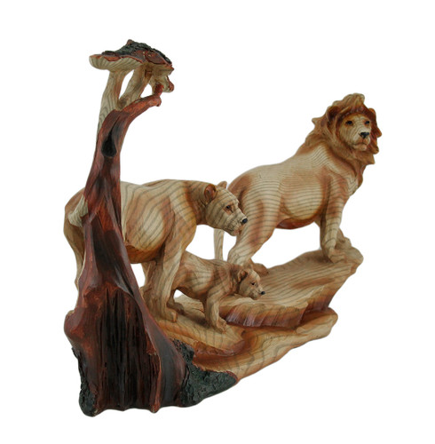 African Lion Family Carved Wood Look Resin Statue Additional image