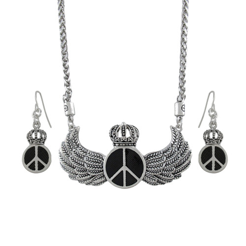 Royal Winged Peace Sign Necklace and Dangle Earrings Set Main image
