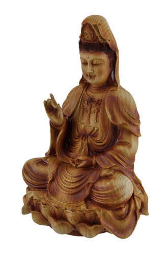 Guanyin Goddess of Mercy Sitting On Lotus Wood Finish Statue Main image
