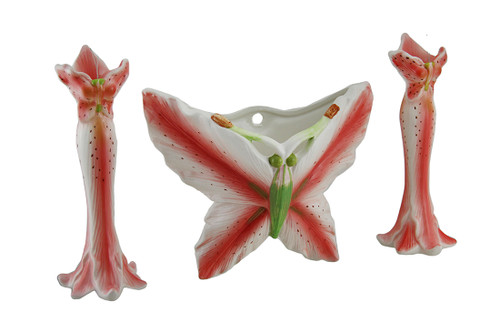 3 Pc. Pink Tiger Lily Flower Candle Holder and Butterfly Vase Set Main image