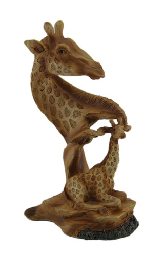 Carved Wood Look Mother Giraffe and Calf Tabletop Statue Main image