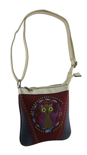 Faux Leather Embroidered Dreamcatcher Owl Crossbody Handbag Adjustable Strap Main image