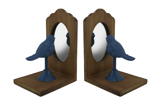 Scratch & Dent Pretty Perch Blue Bird Looking Into Mirror Vintage Bookend Set Main image