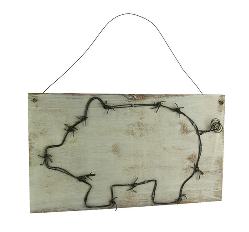 Decorative Barbed Wired Pig On Rustic Wood Wall Hanging Main image