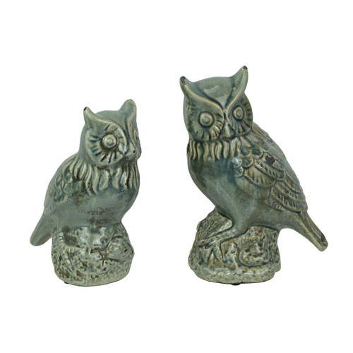 Grey Crackle Finish Set of 2 Ceramic Owl Statues Main image
