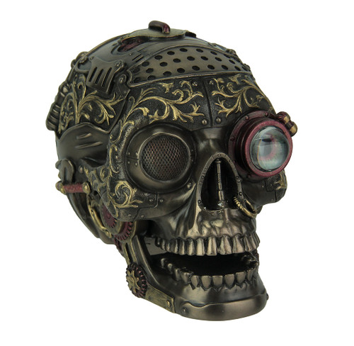 Steampunk Style Human Skull Bronze Finished Statue With Movable Jaw Main image