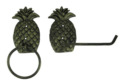 Antique Brass Finish Cast Iron Pineapple Towel and Tissue Holder Wall Decor Set Main image