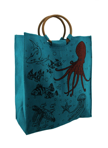 Aqua Blue Woven Jute Underwater Life Tote Bag Main image