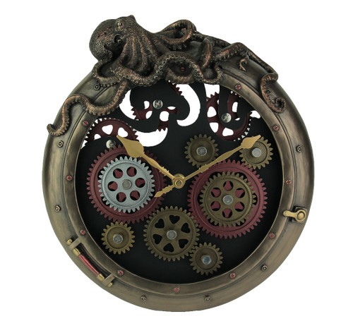 Steampunk Bronze Finish Octopus Porthole Wall Clock With Moving Gears Main image
