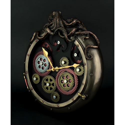 Steampunk Bronze Finish Octopus Porthole Wall Clock With Moving Gears Additional image