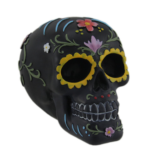 Hand Painted Black Day of the Dead Sugar Skull Statue Main image