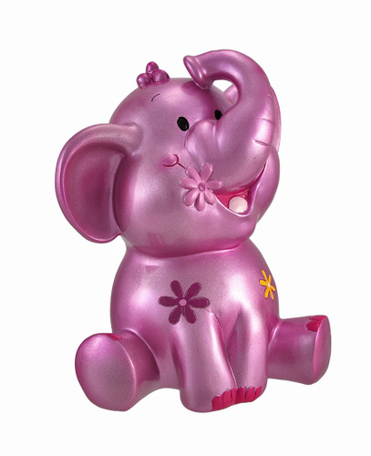 Metallic Pink Elephant Coin Bank with Flower Accents Main image