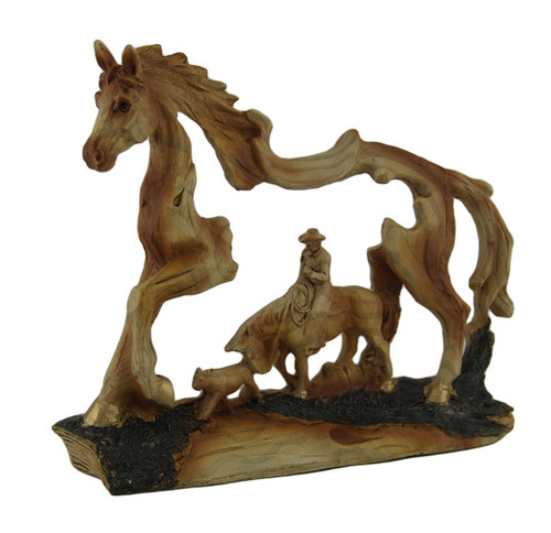 The Wrangler Cowboy In Horse Faux Carved Wood Openwork Statue Main image