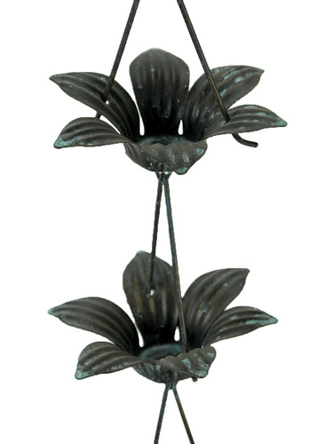Verdigris Finish Metal Lily Flower Rain Chain w/Attached Hanger 48 Inch Main image