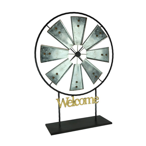 Black and Silver Metal Spinning Windmill Welcome Sign Sculpture Main image