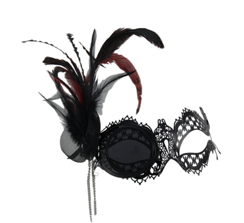 Scratch & Dent Steampunk Masquerade Metal Lace Monocle Eye Feather Mask w/Chain Main image