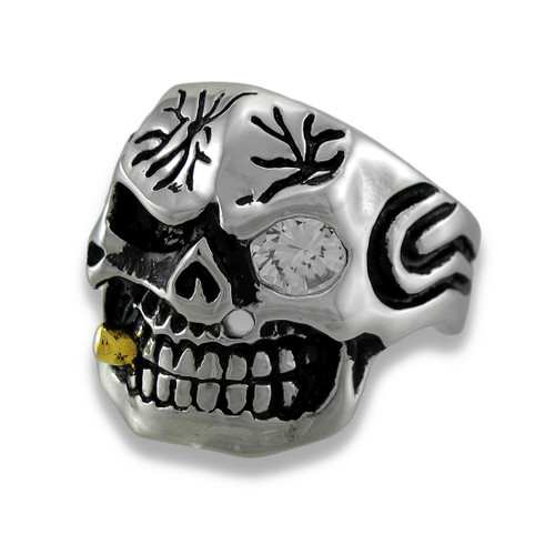 Stainless Steel Tribal Skull Ring w/Cigar and Rhinestone Eye Size 12 Main image