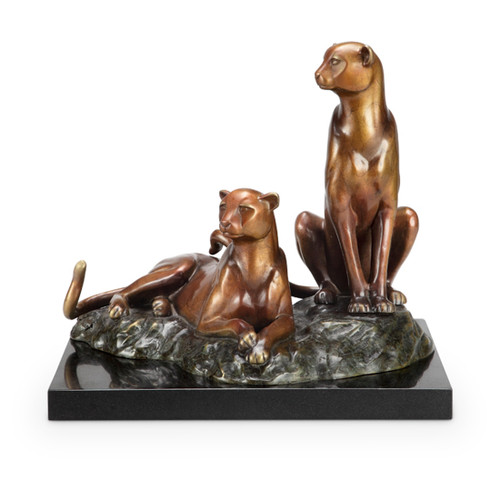 Alert Hand Painted Brass Cheetah Couple Statue on Marble Base Main image