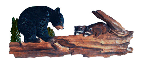 Bear and Raccoon in Tree Hand Crafted Intarsia Wood Art Wall Hanging 11 X 34 X 3 Main image
