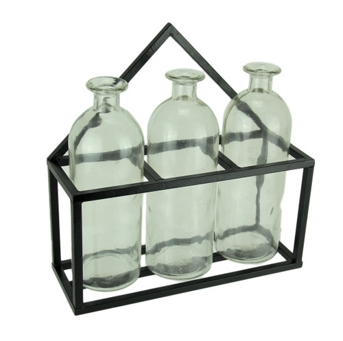 3 Piece Glass Jar Bud Vases in Wall Mounted Metal Tray Main image