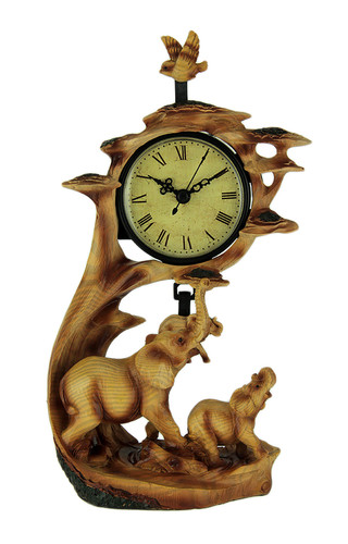 Elephant Family On Safari Carved Wood Look Clock Figurine Main image