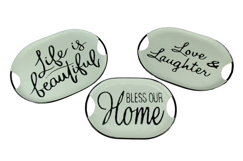 Black and White Decorative Metal Trays With Life Love and Home Wording Set of 3 Main image