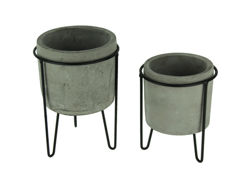 Modern Cement Planters in Black Metal Stands Set of 2 Main image
