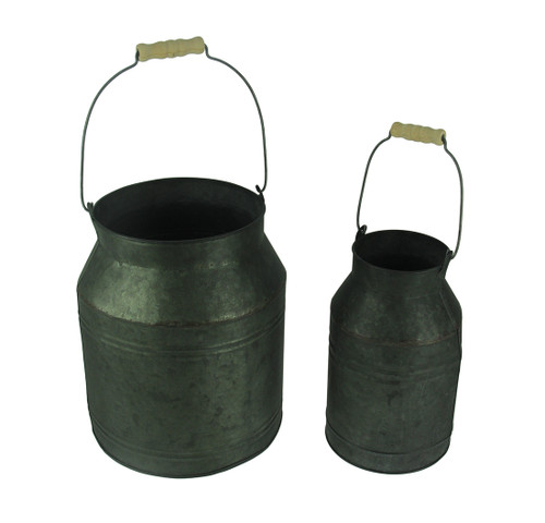 Rustic Galvanized Metal Milk Pail with Wood Handle Set of 2 Main image