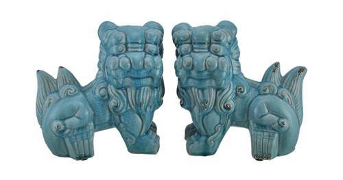 Set of 2 Blue Ceramic Vintage Finish Foo Dog Statues Main image