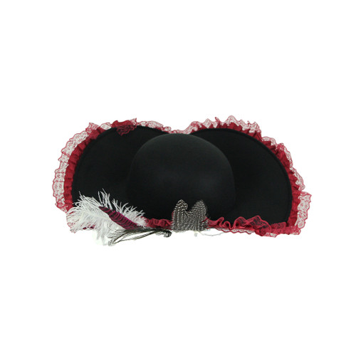 Ladies Black and Red Lace Feather Tricorn Pirate Hat Main image