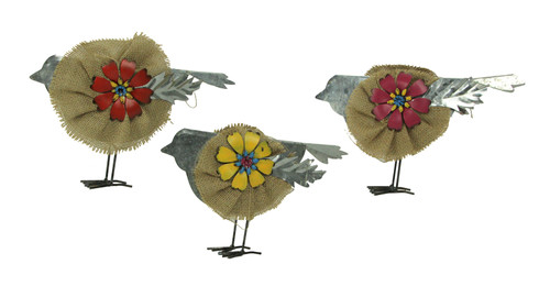 Metal and Burlap Rustic Flower Bird Sculptures Set of 3 Main image