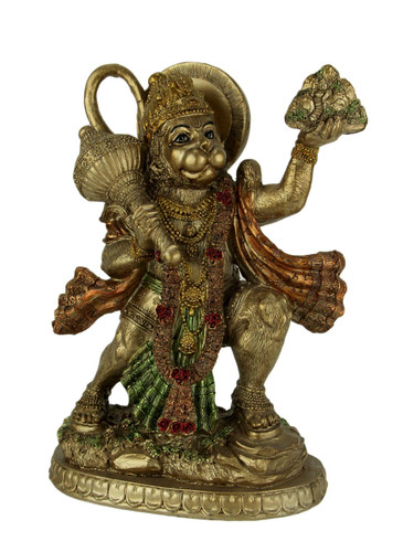 Gold Finish Flying Hanuman Carrying Herb Bearing Mountain Statue Main image