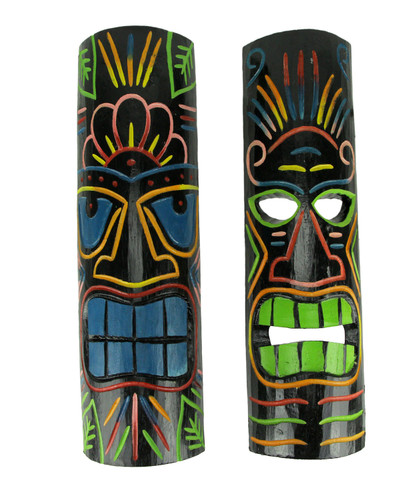 Brightly Colored Wood 20 inch Tall Tiki Totem Masks Set of 2 Main image