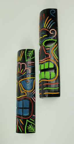 Brightly Colored Wood 20 inch Tall Tiki Totem Masks Set of 2 Additional image